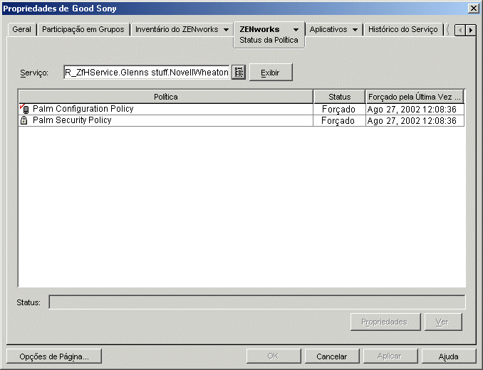 Propriedades de um objeto dispositivo porttil com o Status da Poltica exibido