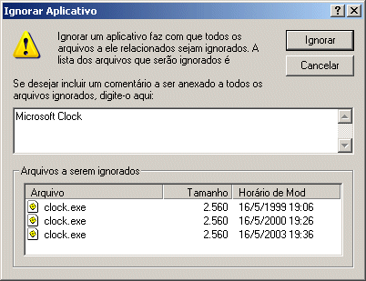 Caixa de dilogo Ignorar Aplicativo