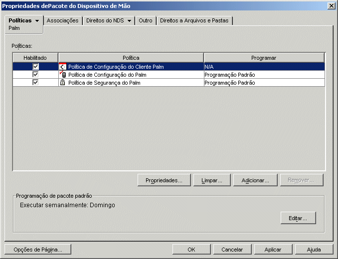 Pgina de seleo do pacote de polticas do Palm