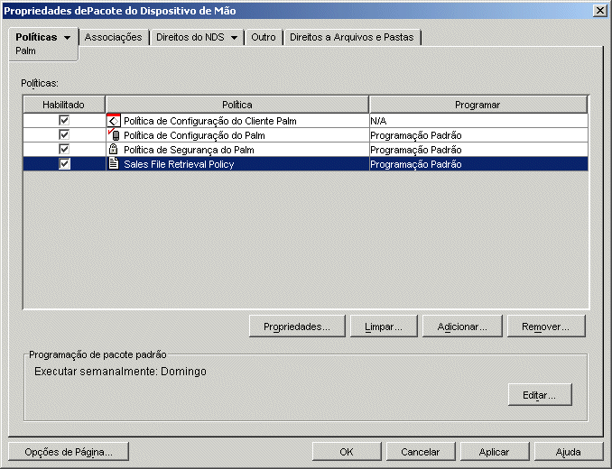 Propriedades do Pacote do Dispositivo Porttil com a exibio da recm-criada poltica de Recuperao de Arquivos