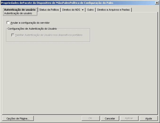 Pgina Autenticao do Usurio da Poltica de Configurao do Cliente Palm