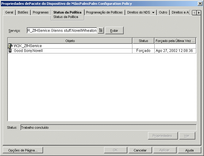 Caixa de dilogo Propriedades do Pacote do Dispositivo Porttil com a pgina Status da Poltica exibida
