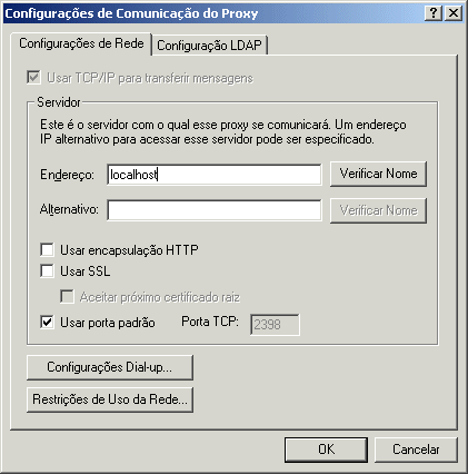 Caixa de diálogo Configurações de Comunicações de Proxy