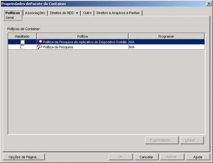 Caixa de diálogo Propriedades do Pacote do Container