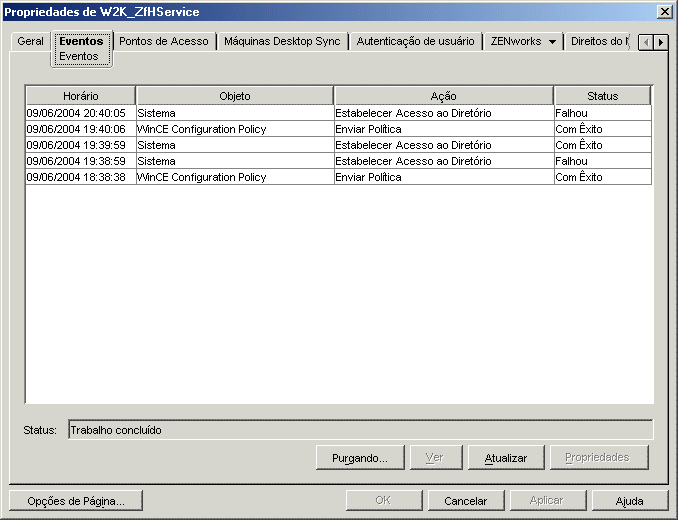Propriedades do objeto Servio do ZENworks Handheld Management com a pgina Eventos exibida