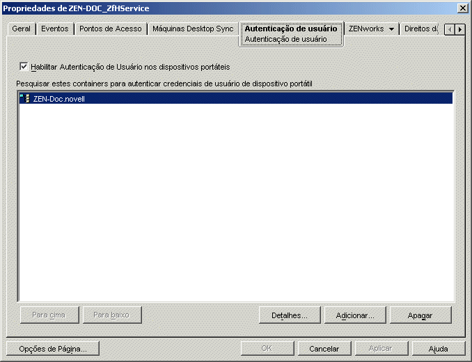 Propriedades do objeto Servio do ZENworks Handheld Management, pgina Autenticao do Usurio