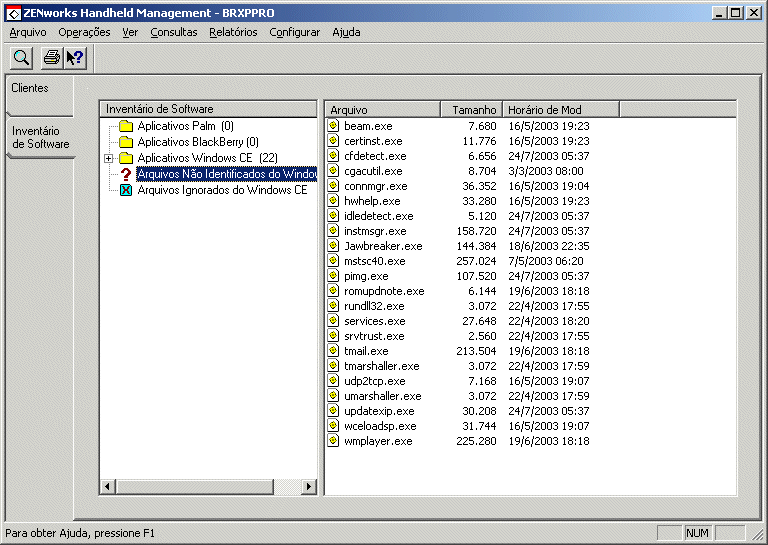 Pgina Inventrio de Software com o cone Arquivos do Windows CE No Identificados em destaque