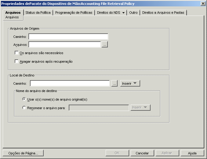 Propriedades do Pacote do Dispositivo Porttil: caixa de dilogo Poltica de Recuperao de Arquivos com a pgina Arquivos exibida