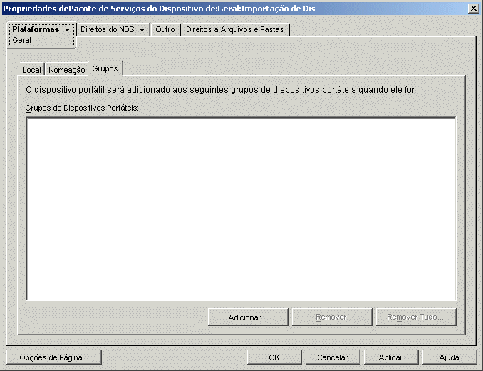 Caixa de dilogo Propriedades do Pacote de Servios do Dispositivo Porttil com a pgina Grupos exibida