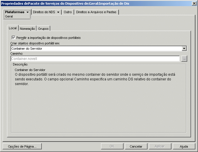 Caixa de dilogo Propriedades do Pacote de Servios do Dispositivo Porttil com a pgina Geral exibida.