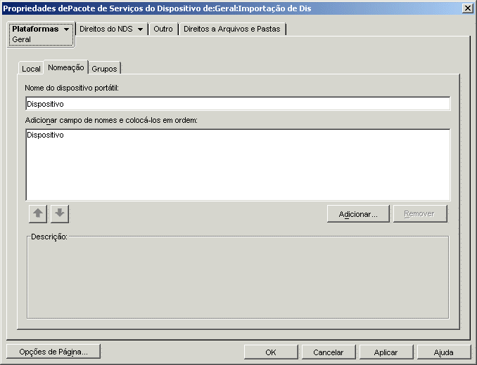 Caixa de dilogo Propriedades dos Servios do Dispositivo Porttil com a pgina Nomeao exibida