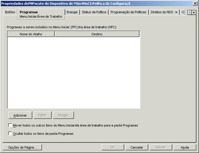 Pgina Menu Iniciar/rea de Trabalho da poltica de Configurao do WinCE 