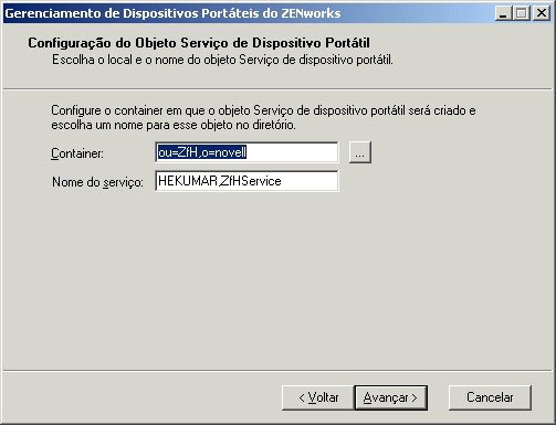 pgina Configurao do Objeto Servio de Dispositivo Porttil