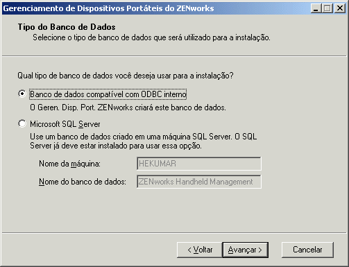 caixa de dilogo Tipo do Banco de Dados