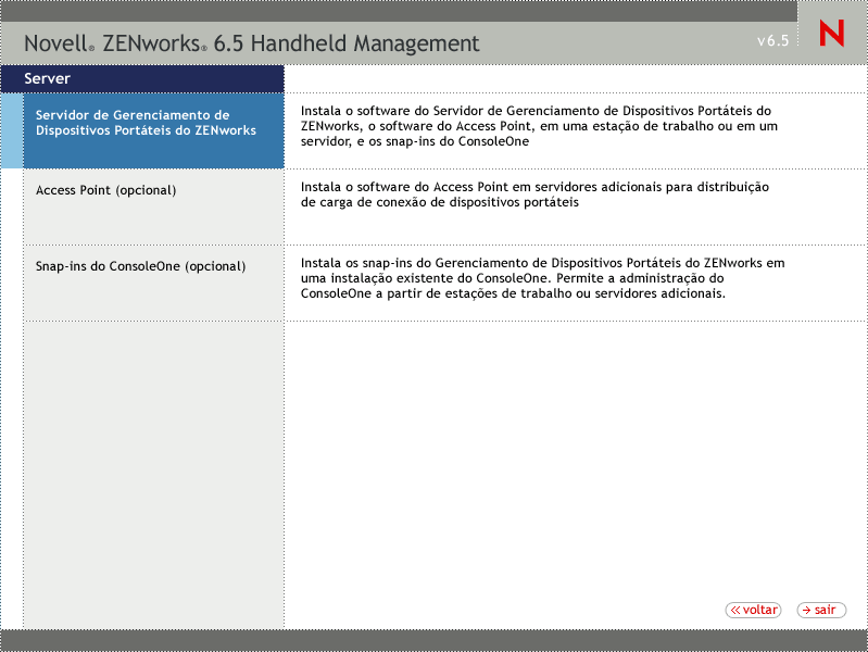 pgina Instalao do Servidor do Gerenciador de Dispositivos Portteis do ZENworks