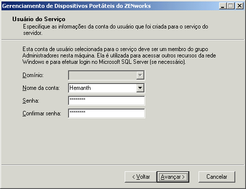 caixa de dilogo Usurio do Servio