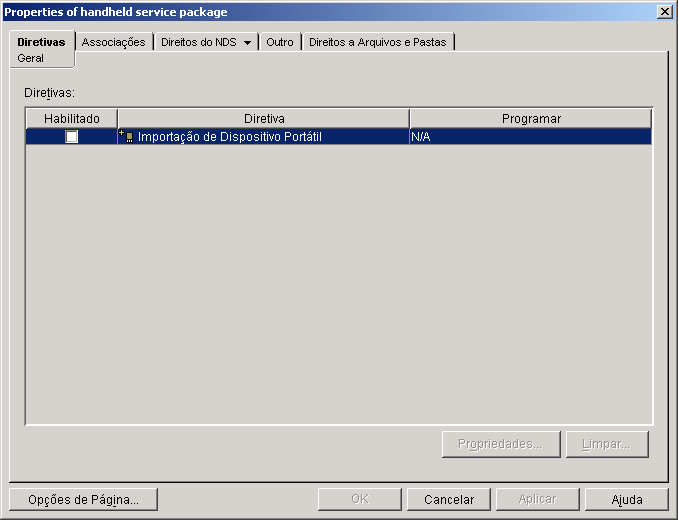 Pgina de propriedades do Pacote de Servios do Dispositivo Porttil