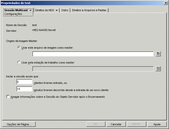 Página Configurações da sessão multicast.