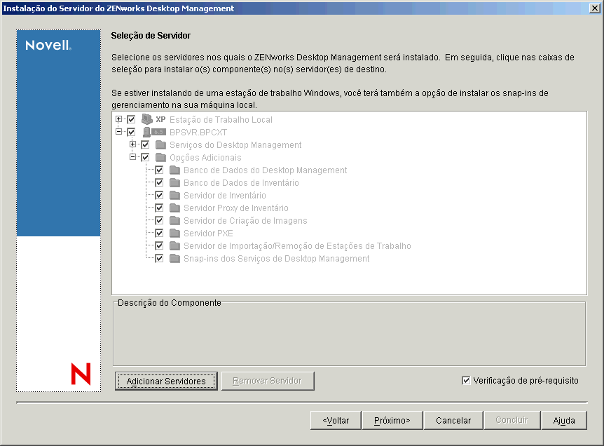 Programa de instalação do Servidor do ZENworks 7 Desktop Management, página Seleção do Servidor.