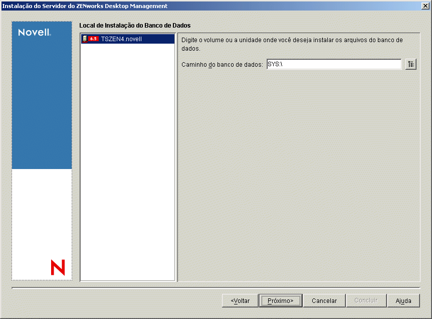 A página Instalação Local do Banco de Dados do Assistente de Instalação do ZENworks Desktop Management.