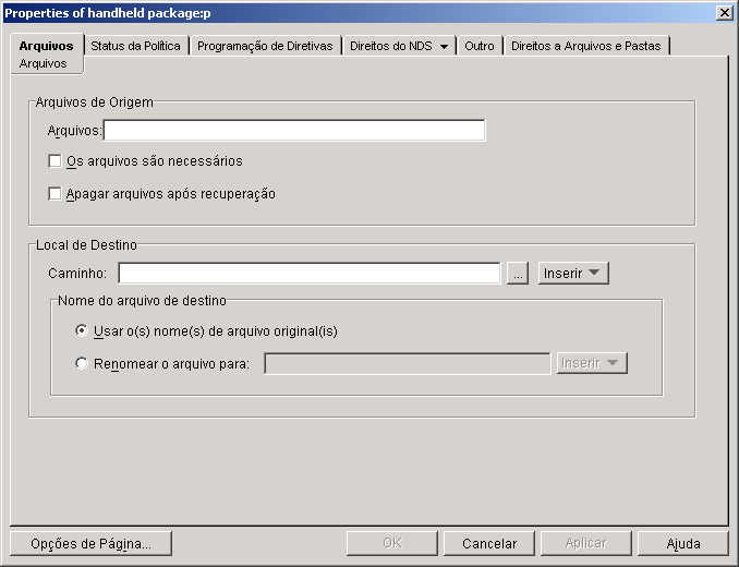 Captura de tela da caixa de dilogo Propriedades do pacote de dispositivos portteis: Poltica de Recuperao de arquivo com a pgina Arquivos exibida.