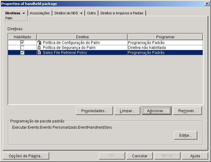 Captura de tela das Propriedades do pacote de dispositivos portteis com a poltica de Recuperao de arquivo recm-criada exibida.