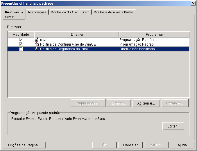 Captura de tela das Propriedades do pacote de dispositivos portteis com a poltica de Recuperao de arquivo recm-criada exibida.