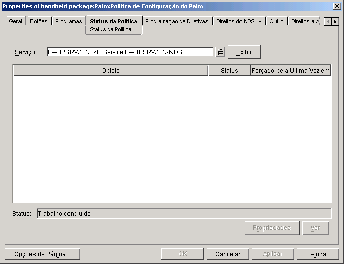 Captura de tela da caixa de dilogo Propriedades do pacote de dispositivos portteis com a pgina Status da poltica exibida.