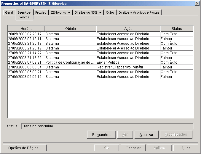 Captura de tela das propriedades do objeto Servio ZfH com a pgina Eventos exibida.