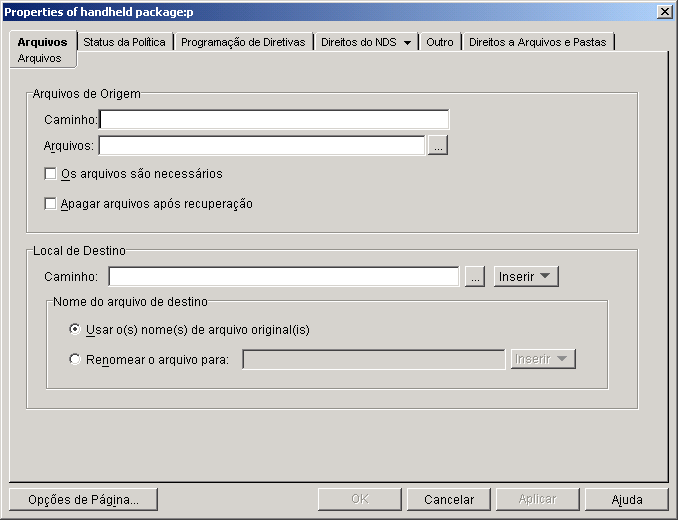 Captura de tela da caixa de dilogo Propriedades do pacote de dispositivos portteis: Poltica de recuperao de arquivo com a pgina Arquivos exibida.