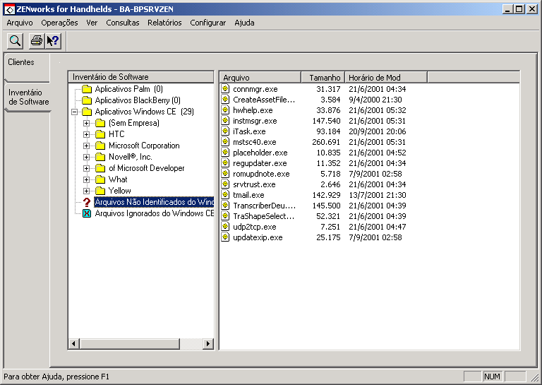 Captura de tela da pgina Inventrio de software com o cone Arquivos do Windows CE no identificados destacado. 