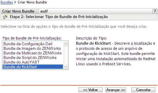 página Etapa 2 para criar um novo bundle: Selecionar Tipo de Bundle de Pré-inicialização