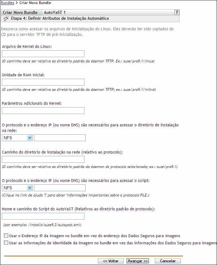 página Etapa 4 para criar um novo bundle: Definir Atributos de Instalação Automática (campos Arquivo de Kernel do Linux e Unidade de RAM Inicial)