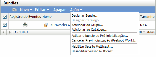 Opções do menu Ação da guia Bundles