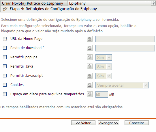 Página Definições de Configuração do Epiphany