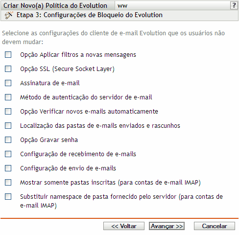 Página Configurações de Bloqueio do Evolution