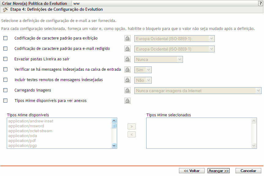Página Definições de Configuração do Evolution