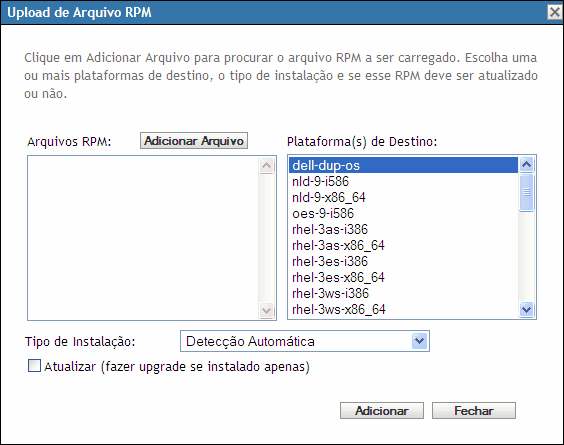 Caixa de diálogo Upload de Arquivo RPM