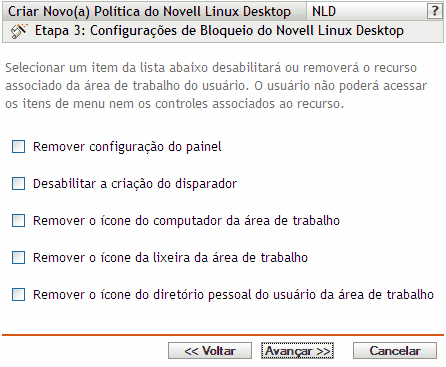 Página Configurações de Bloqueio do Novell Linux Desktop