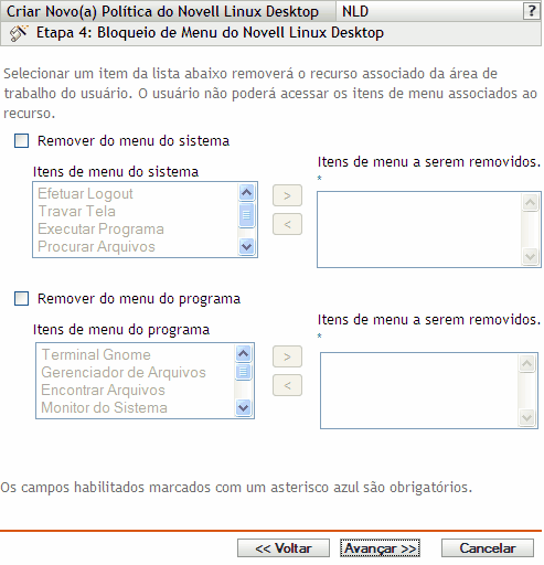 Página Bloqueio de Menu do Novell Linux Desktop