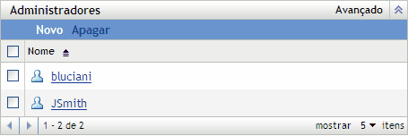 Lista Administradores na página Configuração