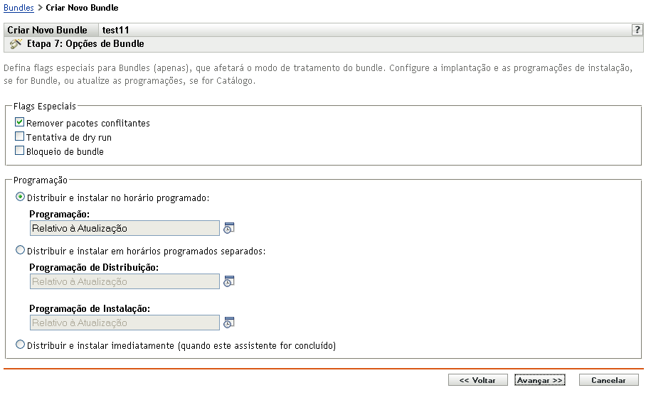 Página Opções de Bundle