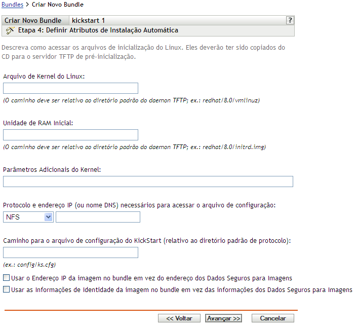 página Etapa 4 para criar um novo bundle: Definir Atributos de Instalação Automática (campos Arquivo de Kernel do Linux e Unidade de RAM Inicial)