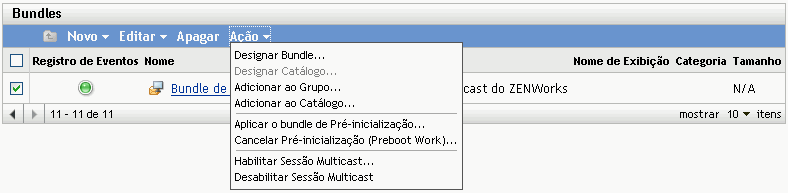 Opções do menu Ação da guia Bundles