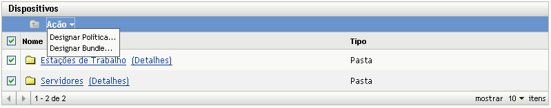 Opções do menu Novo da guia Dispositivos