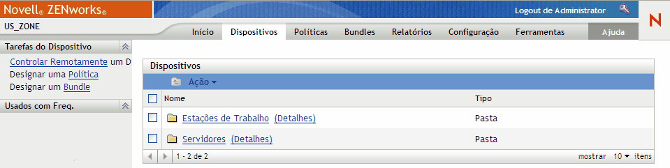Guia Dispositivos mostrando as pastas Servidores e Estações de Trabalho