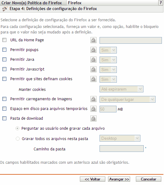 Página Definições de Configuração do Firefox