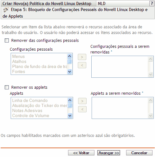 Página Bloqueio de Configurações Pessoais do Novell Linux Desktop e de Applets