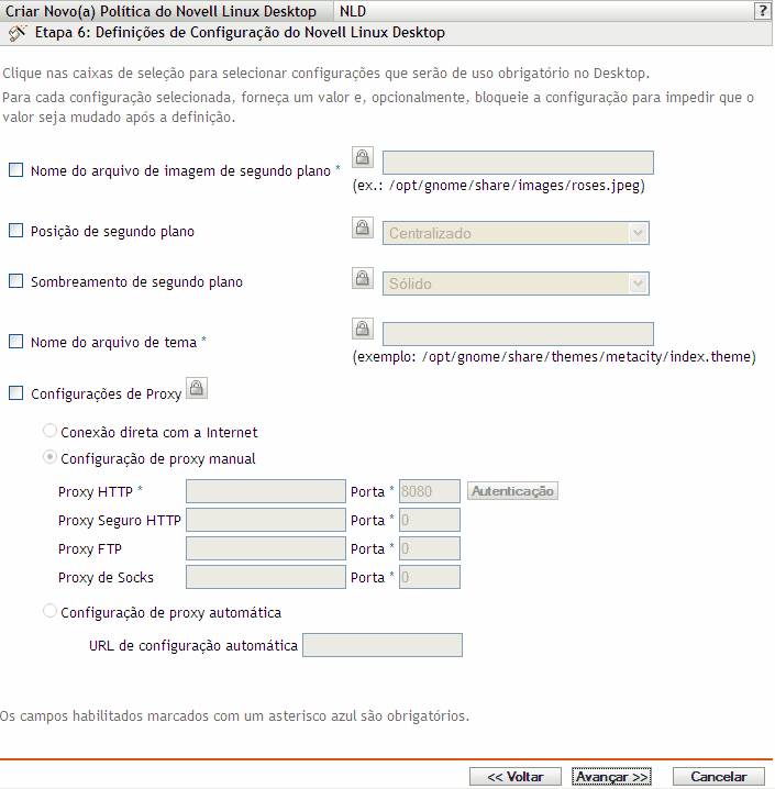 Página Definições de Configuração do Novell Linux Desktop