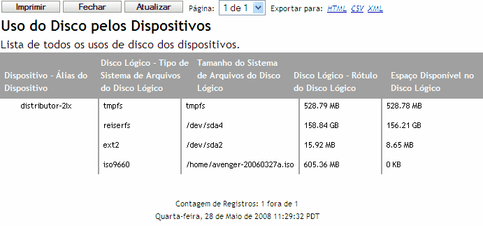 página Geração de relatórios